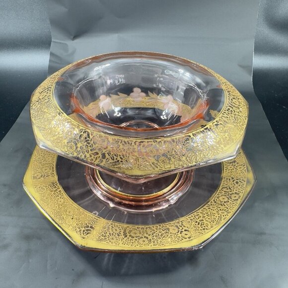 1930s Tiffin Franciscan Pink Depression Gold Edging Rambler Rose Dish Bowl Plate - Picture 14 of 14